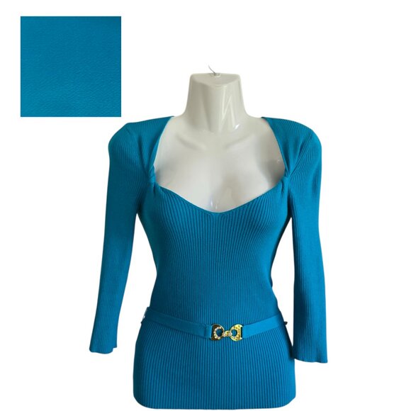 Sele Sweaters - LONG SLEEVED TEAL BELTED SWEATER TOP SIZE SMALL